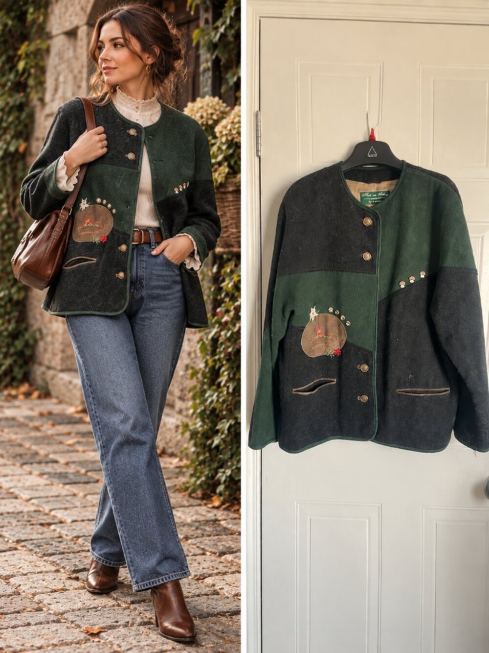 Loden Look Green Black Wool Alpine Jacket Embroidered Boxy Cottagecore Vintage L